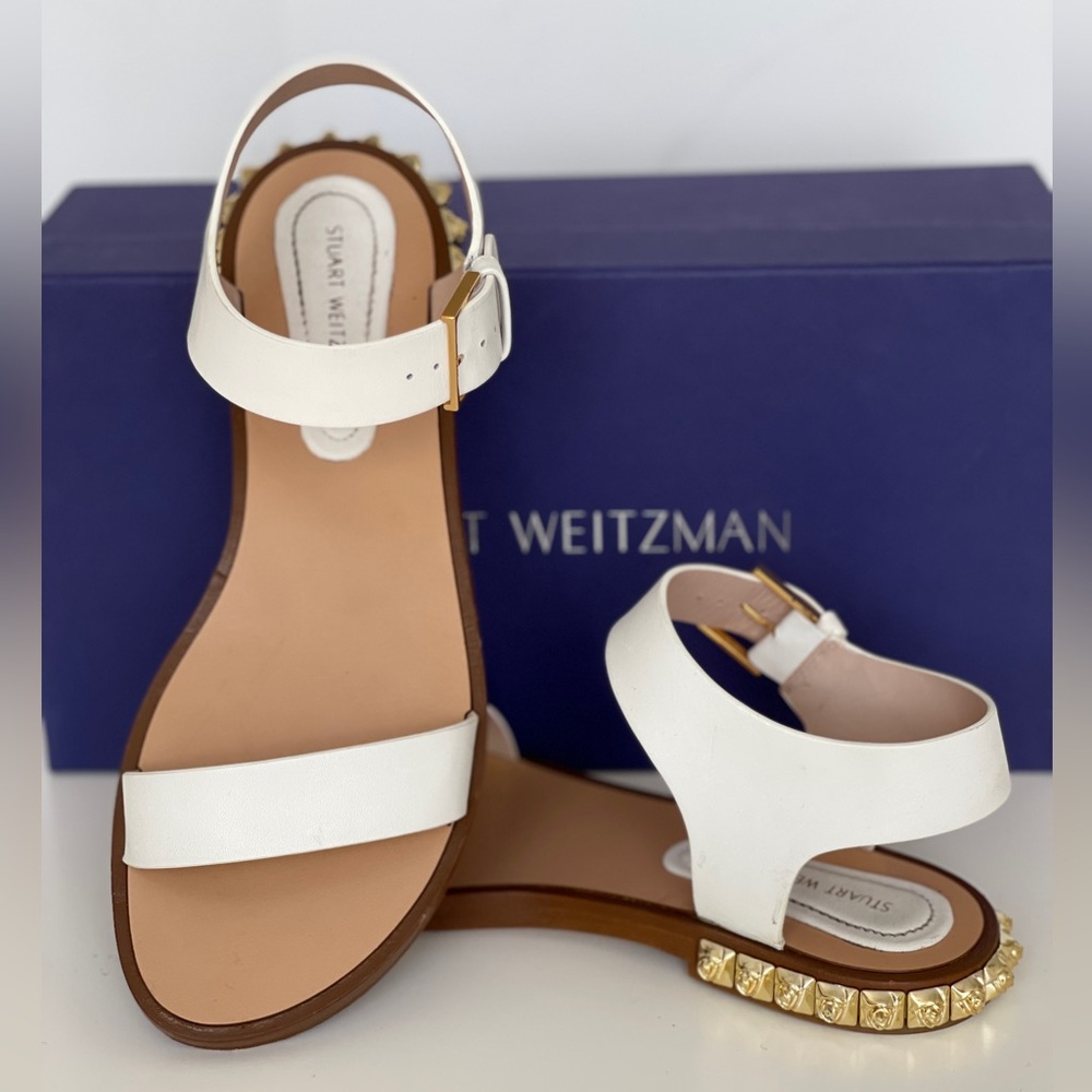 Stuart Weitzman white gold flat women sandals 39 8.5